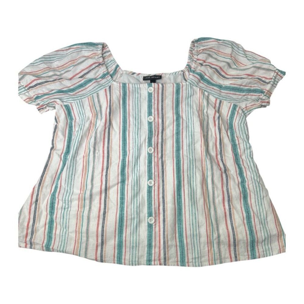 Lane Bryant White Striped Lined Blend Puff Sleeve Top sz 20‎